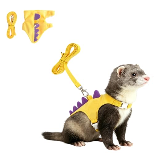 Ferret Harness and Leash Set Cute Dinosaur Design Soft Mesh Small Pet Harness Vest with Safe Bell Walking Clothes for Small Animals Ferret Rabbit Guinea Pig Squirrels (Yellow) - color: Yellow