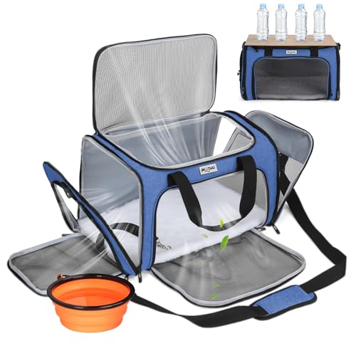 Pet Carrier for Cats & Small Dogs, Travel Carrier with Anti-Collapse Support, Chew Resistant Buckles, Luggage Sleeve, Multi-Pocket Storage, Reversible Mat & Bowl (Blue, Medium (17.5"x11"x11.5")) - color: Blue