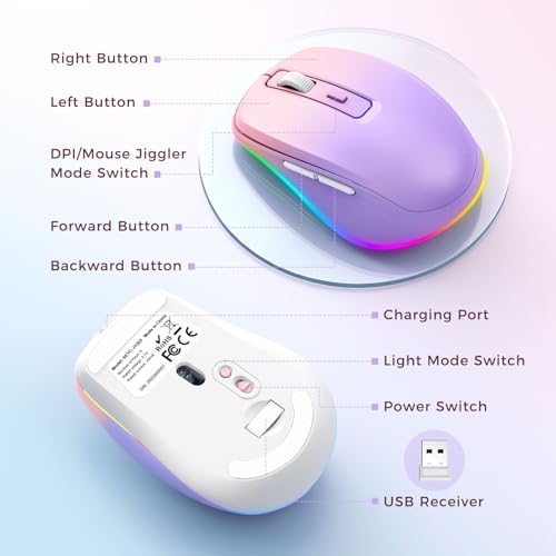 PEIOUS Wireless Mouse Jiggler - Keep Computers Awake, Purple to Pink | Rechargeable LED Mouse, Silent Clicks, Adjustable DPI and Random Movement Keep Computers Awake for Laptop/PC/Mac - color: Purple to Pink