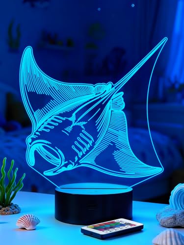 Manta Ray 3D Night Light for Kids, LED 16 Colors Remote Control Changing Touch Dimmable Table Desk Lamp, Cute Animal Gifts for Manta Ray Lovers Animal Fans - color: Color C