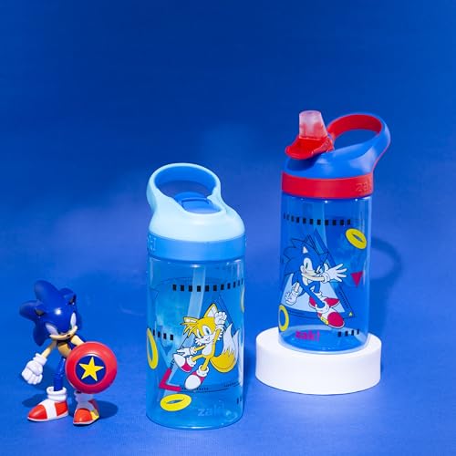 Zak Designs Sonic the Hedgehog Atlantic Kids Water Bottle For School or Travel, 16oz Durable Plastic Water Bottle With Straw, Handle, and Leak-Proof Spout Cover, 2-Pack (Sonic, Knuckles, Tails, Amy) - color: Sonic