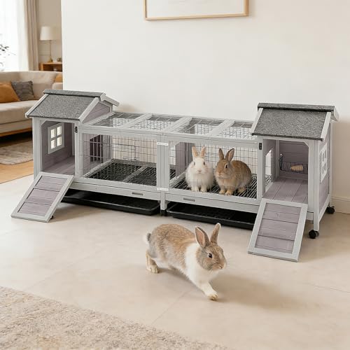 Rabbit Hutch Indoor Outdoor, Large Bunny Cage with Double House and Run, 10.4 ft² Guinea Pig House, Upgrade Deeper No-Leak Trays, On Wheels for Easy Moving - color: （Grey-AIR68)