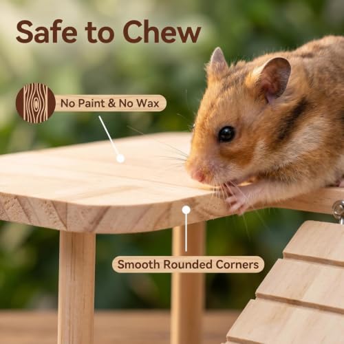 Hamster Platform Set, 2-Piece Wooden Modular Playground & Hide, Cage Accessories for Dwarf Syrian Hamsters, Gerbils, Mice, Degus (Rectangle2+Corner)