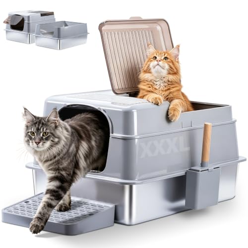 XXXL Stainless Steel Litter Box with Lid, Enclosed Metal Cat Litter Box | Extra Large Litter Boxes for Big Cat, Multiple Cats,Odor Control,Anti-Leakage, Includes Scoop & Pedal,27.75 x 19.75x 15.7 - size: XXX-Large-Enclosed