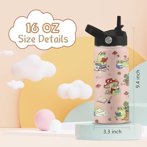 Frog Gifts for Boys Girls, 16 oz Water Bottle with Straw Lid | Frog Water Bottle, Stainless Steel Insulated Tumbler, Cute Frogs Cup, Frogs Themed Gifts - color: Frog