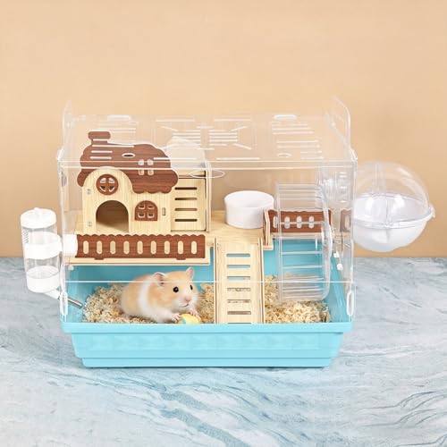 Hamster Cage Acrylic Hamster Habitats 360°Panoramic View Small Animal Cage for Rat Mice Dwarf Hamster, Gerbils, 13.3" L x 10.2" W x 12.4" H Hamster House with Water Bottle, Wheel, Hideout, Platform - color: Blue, size: 13.3"L x 10.2"W x 12.4"H
