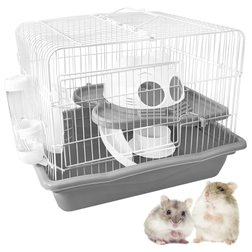 PINVNBY Dwarf Hamster Cage, Small Animal Cages, 2-Tier Travel Portable Mouse Cage Hamster Carrier with Castle House Running Exercise Wheels, Water Bottle and Food Dish（Gray） - color: Gray, size: L: 13.78x10.23x11.02in