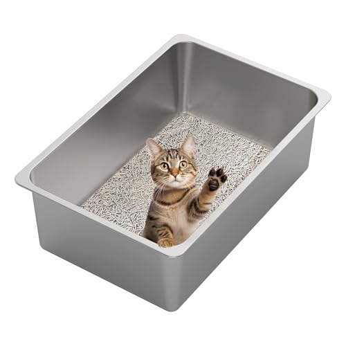 Kirecoo XXL Stainless Steel Cat Litter Box High Sided, Non-Stick | Solid Metal Box, Odor Free, Non Stick, Rust Proof, Easy to Clean, Ideal for Cats, Kittens, Multi-cat & Rabbits, Indoor Use - size: 23.43" L x 15.55" W x 7.68" H