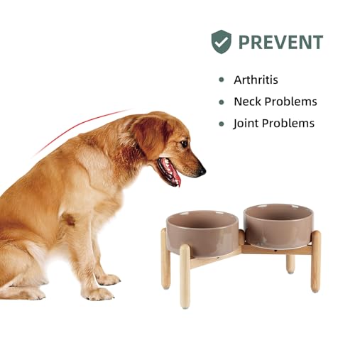 Havniva Elevated Dog Bowls Ceramic Dog Bowls with Stand, Dog Food Bowl | 7.3” Raised Dog Bowls with Non-Slip Wood Stand, Dog Food and Water Bowl Set, Double Dog Feeding Bowls for Medium Dogs - color: 2 Bowls+Stand - Brown Coffee, size: 7.3inch