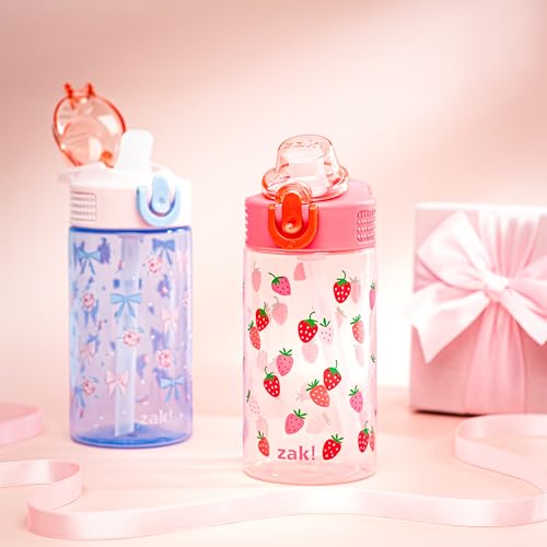 Zak Designs Berry and Bows Sage 16oz Leak-Proof Straw Kids Water Bottle | BPA Free Durable Plastic, Cupholder Friendly, Dishwasher Safe, Easy to Clean, Lid Lock, Handle, For School, Home, Travel - color: Berry and Bows