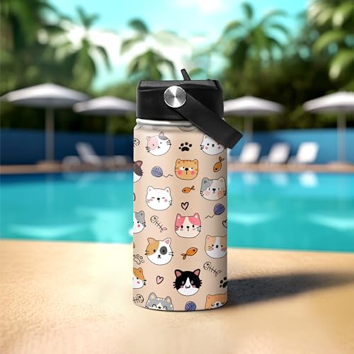 SANDJEST Kids Water Bottle Cat Water Bottles 12oz with Straw Insulated Stainless Steel Travel School Tumbler Double Wall Vacuum Cup for Girls Kid Boys - color: Cat 2