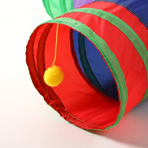 Pet Cat Tunnel, T-3 Way Tunnels for Indoor Cats, Collapsible Pet Tunnel for Kitten, Puppy, Rabbit, 25cm-Wide Tunnels, Durable & Breathable, with Peek Hole Toy Ball - color: T-Junction Tunnel & Rainbow