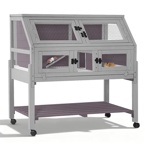 Large Guinea Pig Cage with Wheels, Anti-Chew Metal Frame Lamp, Deep Leakproof Pull-Out Tray, Spacious Habitat for Hamsters, Rats, Chinchillas, Ferrets - color: Light gray