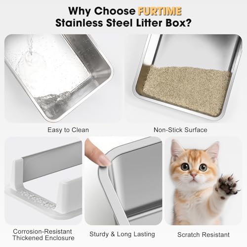 FURTIME Stainless Steel Cat Litter Box, Small Cats Metal Litter Box | High-Sided Open-Top Easy-Clean Litter Pan, Non-Stick, Anti-Leakage, Odor-Free, Comes with Scoop & Mat, 17"×13"×8.4" - color: Silver, size: Small