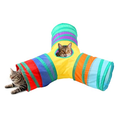 Pet Cat Tunnel, Y-3 Way Tunnels for Indoor Cats, Collapsible Pet Tunnel for Kitten, Puppy, Rabbit, 25cm-Wide Tunnels, Durable & Breathable, with Peek Hole Toy Ball - color: Y-junction Tunnel & Rainbow