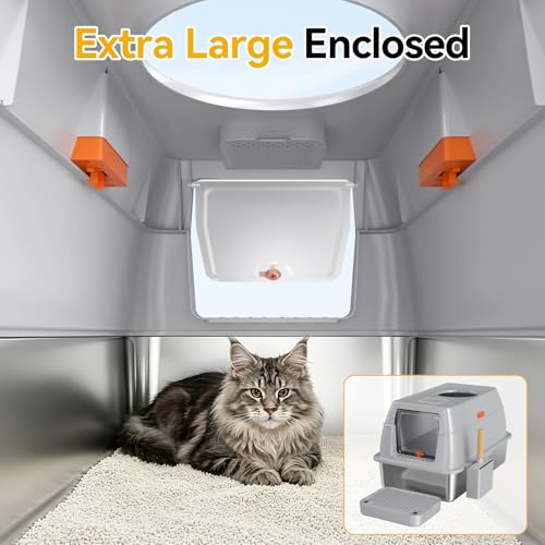 XL Enclosed Stainless Steel Litter Box with Lid, Light Gray | covered, High Sided, Rustproof & Leak Proof, Easy Clean, Odor Control, Includes Scoop & Step - color: Light Gray
