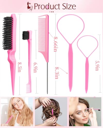 Hair Styling Tool Set 8 Pieces -4 Topsy hair Tail Tools 2 Rat Tail Combs, 1 Slick Back Hair Bristle Brush and 1 Edge Control Brush, Woman Girl Pink