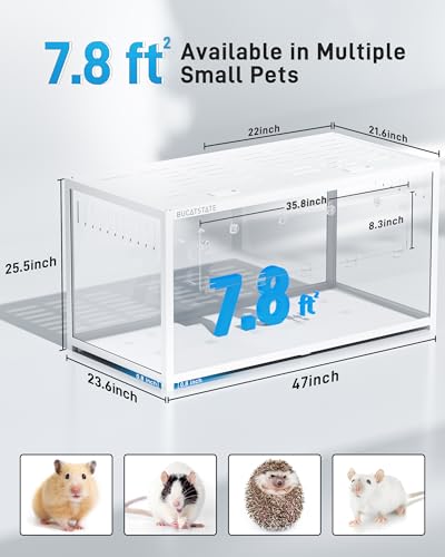 BUCATSTATE Hamster Cage 3.0, Large Hamster Enclosure (47in, White) | 7.8 ft² Small Animal Habitat with Deep Bedding Space for Hamster Enrichment, Stackable Aluminum Frame, Front & Top Access - color: White, size: 47.0"L x 23.6"W x 25.5"H