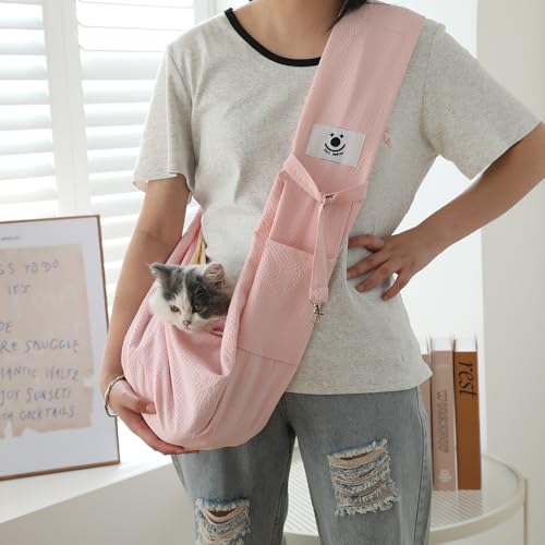 FORHER Pet cat Sling Carrier, Cat Travel Bag, Pet Soft Pouch and Tote Design, Shoulder Strap Hands Free Safe-Suitable for Puppy, Small Dogs Cats Outdoor (Pink) - color: PINK