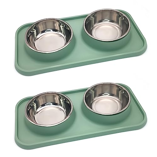 BNOSDM 2 Pcs Double Dog Food Bowls, Stainless Steel Small Dog Food and Water Bowls with Non-Spill Plastic Mat, Pet Cat Feeder Dish Set for Puppy Cats Kitten, Green - color: Green【Set of 2】
