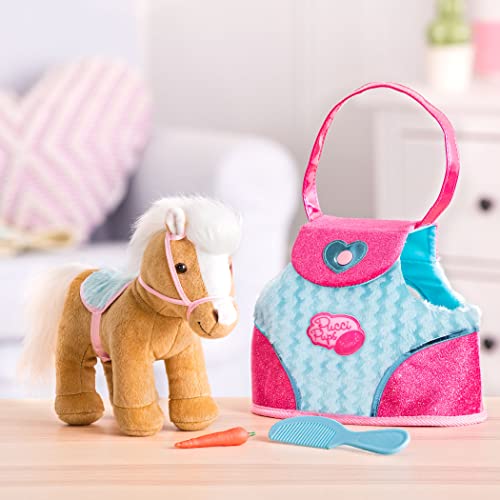 Pucci Pups Pucci Pals Plush Horse Carrier Set, Beige Horse Purse, Pet | Beige plush horse with white mane and tail, blue saddle, pink and blue carrier bag, carrot and comb for play, Pet, 2+ Years - style: Horse - Blue & Pink Bag