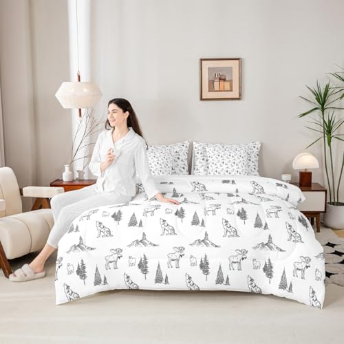 Erosebridal Woodland Animals 7 Piece Comforter Set Full Size Bear Deer Wolf Hunting Theme Bedding Set for Kids Child | Rustic Cabin Lodge Decor Sheets Farmhouse Wildlife Mountain Black White Quilt - color: Black White, size: Full