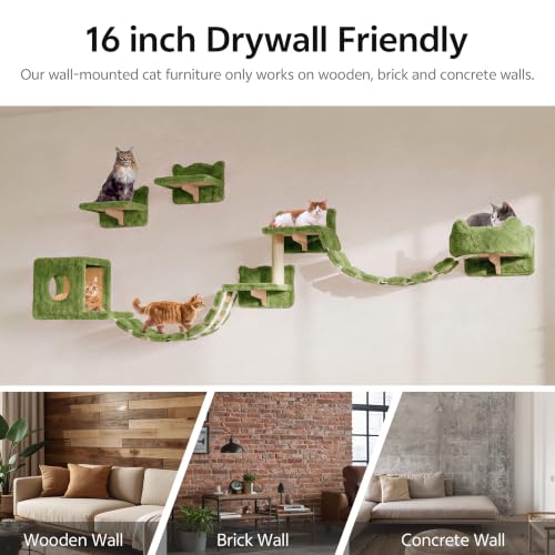 13-in-1 Cat Wall Shelves, Moon & Bridge Cat Wall Furniture, Green | Wall Mounted Cats Shelf Set with Plush Fabric, Cat Climbing Systems for 16 Inch Drywall, Condo, Scratching Post, Space-Saving - color: Green, size: 13-in-1