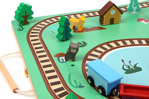 Imagine & Play Nature Explorer – 17 Piece Wooden Train Set with Foldable Carrying Board, Forest Animals & Bridge – Toddler Toys, Train Toys, Toys for Kids Boys & Girls 3+, Gifts for 3 Year Old Boys