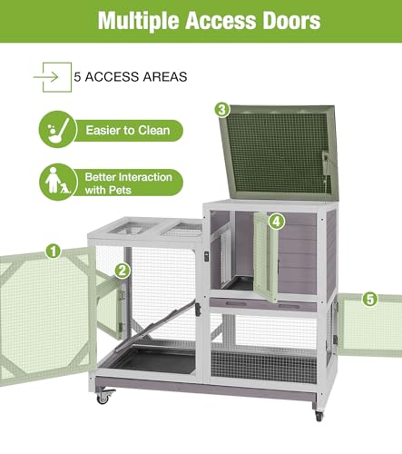 GUTINNEEN Duplex Rabbit Hutch Indoor with Chew-Proof Frame & 2 Leak-Proof Sliding Trays, Rain Cover, Wooden Guinea Pig Cages with Wheels - Grey - color: Grey
