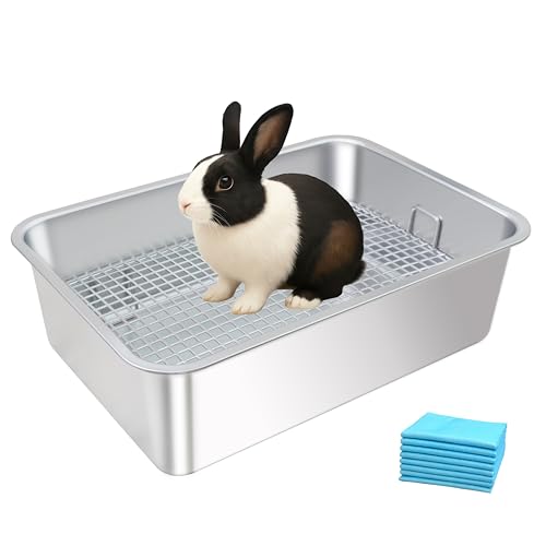 Stainless Steel Rabbit Litter Box,Bunny Litter Pan with Widened Grid,Toilet Tray,Deep Waste Storage - size: Small