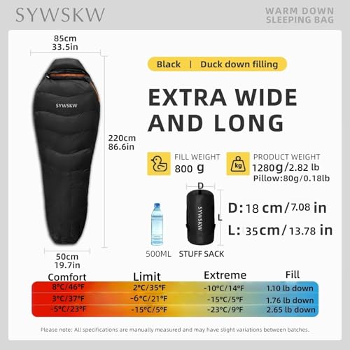 Down Sleeping Bag with Pillow for Backpacking,15℉ 5℉ 0℉ Wide Down Sleeping Bag (86.6 in x 33.5 in) for Adults,Youth Camping and Hiking Outdoor with 680FP Duck Down - color: Black (800g filling down)
