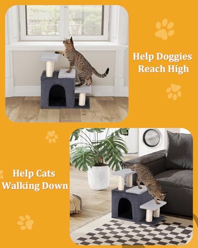 Aechonow 3-in-1 Pet Stairs for Cats, Dog Steps for Small Doggie Rabbits | 6.29'' Depth Cat Stairs, Indoor Cat Ladders for High Bed for Pet's Joints, 1 Cat Condo Cave, Sisal Scratcher, Grey, Medium - size: M-Gray