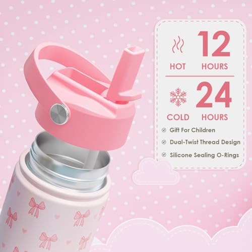 Bow Kids Water Bottle With Straw Lid 12oz Insulated Stainless Steel, Travel Tumbler, Pink Bow Gifts For Girls, Birthday, Christmas, Back To School - color: Bow 1