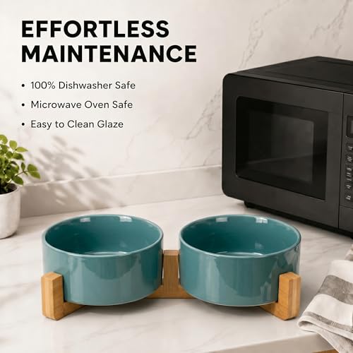SPUNKYJUNKY Ceramic Dog and Cat Bowl Set with Wooden Stand, Modern Cute Weighted Food Water Set for Small Size Dogs (13.5OZ) & Medium Sized Dogs (28.7OZ) & Cats (3.6 Cups, 2 × Light Green) - color: Light Green × 2, size: 3.6 cups