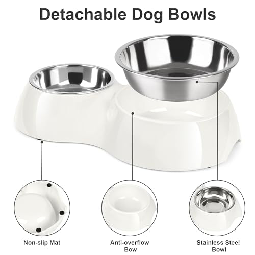 Double Dog Bowls Set – Non-Slip Pet Food & Water Dishes with Resin Stand, Includes Small (1 Cup) & Medium (2 Cups) Bowls – Ideal for Puppies and Cats – White - color: White, size: Medium