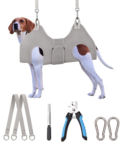 Kkiimatt Dog Grooming Hammock Harness, M-Large Dog Hammock for Nail Trim, Gray Dog Restraint for Nail Clipping,Dog Grooming Sling Thick Neck Support - size: L (56 LB Max) Silver Grey 11-20in