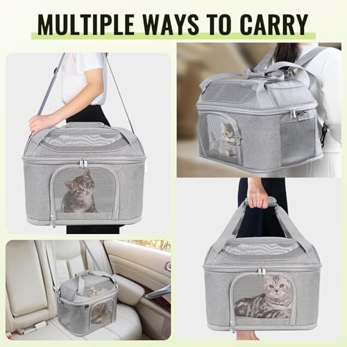 Soft-Sided Cat Carrier,Pet Bag with Padded Shoulder Strap (Up to 20 Lbs) | Animal Crate for Medium Kitten Puppy, Portable design for transport small dogs,Washable Cloth Carry Bag Home Car Travel, Grey