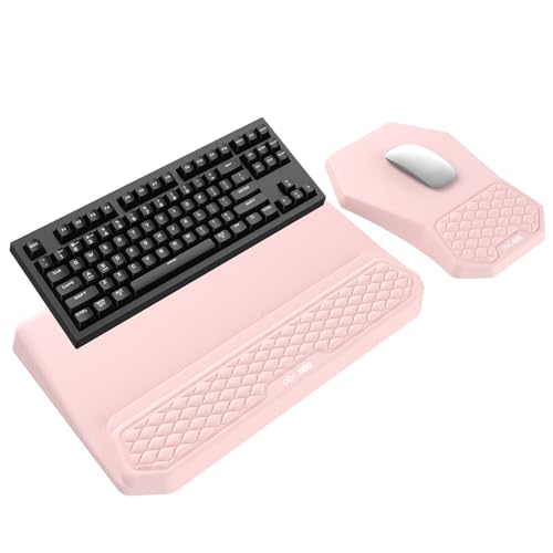 3-in-1 Ergonomic Keyboard Stand with Wrist Rest & Mouse Pad Set, Pink | Comfy Keyboard Riser Holder Soft Mousepad with Massage Design, Memory Foam and Non-Slip PU Base for Pain Relief - color: Light Pink