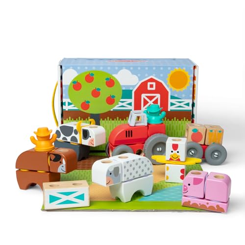 Melissa & Doug Blockables Farm Connectable Wooden Building Blocks Set | 56 Wooden Blocks & Connectors, Build Farm Vehicles and Animals, Farmer Figures, Pretend Play, Toddler Toys for Kids, Ages 2+