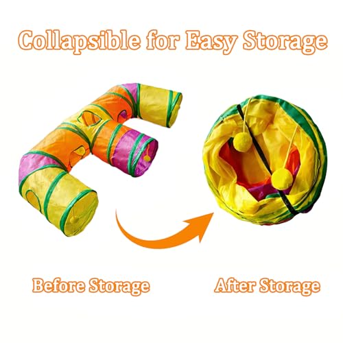 3 Way Collapsible Cat Tunnels with Interactive Ball, E Shape Folded Pet Tube Toy for Indoor Cats, Puppy, Kitty, Kitten, Rabbit - size: E Shape