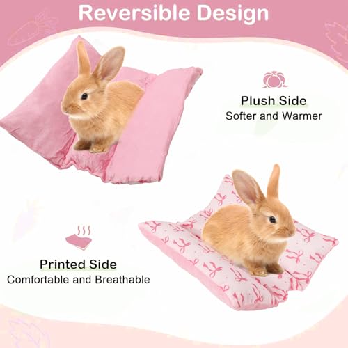 JarThenaAMCS 14.6x14.2 in Rabbit Bed Thickened Soft Bunny Concave Bed Pink Bow Reusable Cuddle Cushion Plush Mat Small Animal Washable Mat Pillow for Guinea Pig Hamster Chinchilla Ferret Accessory