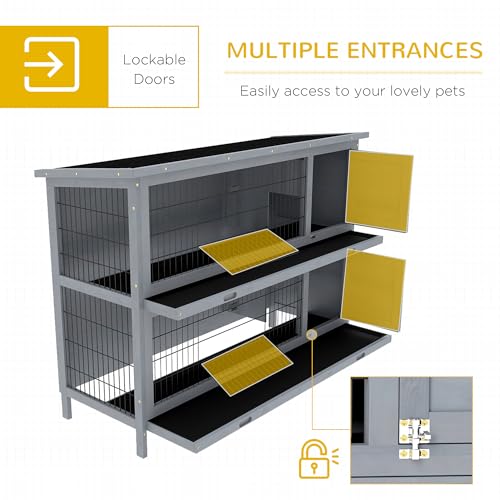 PawHut 54" 2-Story Large Rabbit Hutch Bunny Cage Wooden Pet House Small Animal Habitat with Lockable Doors, No Leak Tray and Waterproof Roof for Outdoor/Indoor Grey | Wooden Pet House, Small Animal Habitat, No Leak Tray, Waterproof Roof, for Chickens Duck