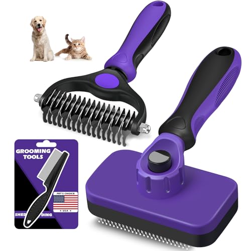 Professional 3PCS Self Cleaning Slicker Brush & Pet Grooming Rake & Flea Comb for Dogs,Cats and Horses | Double-Sided Dematting Comb & Skin Friendly Deshedding Grooming Tool | Pet Supplies (Purple) - color: Purple