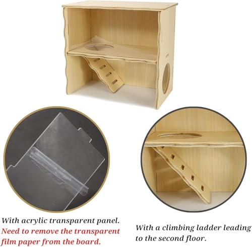 Double-Decker Hamster Hides, Wooden Hamster Hut, Syrian Hamsters Hideout with Acrylic Panel for Clear Observation, Detachable Gerbil Mouse House with Installation Instruction