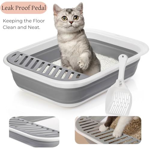 Tlence Collapsible Small Cat Litter Box, 17.7'' Open Foldable Kittens Potty with Scoop, Shallow Anti Splash Travel Cat Toilet, Semi Enclosed Height Adjustable Sides Litter Pan for Sick Frail Cat Grey