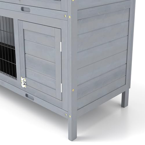 PawHut 54" 2-Story Large Rabbit Hutch Bunny Cage Wooden Pet House Small Animal Habitat with Lockable Doors, No Leak Tray and Waterproof Roof for Outdoor/Indoor Grey | Wooden Pet House, Small Animal Habitat, No Leak Tray, Waterproof Roof, for Chickens Duck