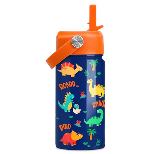 Dinosaur Water Bottle for Boys - Kids Water Bottle with Straw Lid - 12 Oz Insulated Stainless Steel Water Bottles for Kid - Travel Cup for School Sports - color: Dinosaur 2