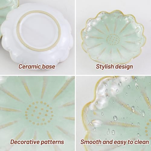 4 Inch Ceramic Small Dish - Unique Artwork Lotus Leaf Bowl for Hamster Food, Jewelry Display, Sauce & Decorative Ornament (Green1, Flower) - color: Green1, size: Flower