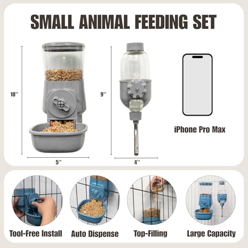 Automatic Pet Food Water Dispenser, Auto Gravity Pet Feeder Water Bottle Set for Crate Cage for Puppy Cat Rabbit Guinea Pigs Chinchilla Ferret Hedgehog (Grey) - color: Grey