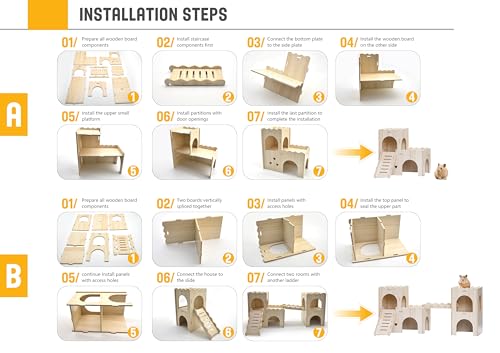 Large Wooden Hamster House Castle with Double Decker,Large Hamster | Wooden Hamster Houses,Dwarf Hamster Habitat Hideout with Climbing Ladder,Large Guinea Pig Castle Detachable Hideouts(B) - color: BrownB